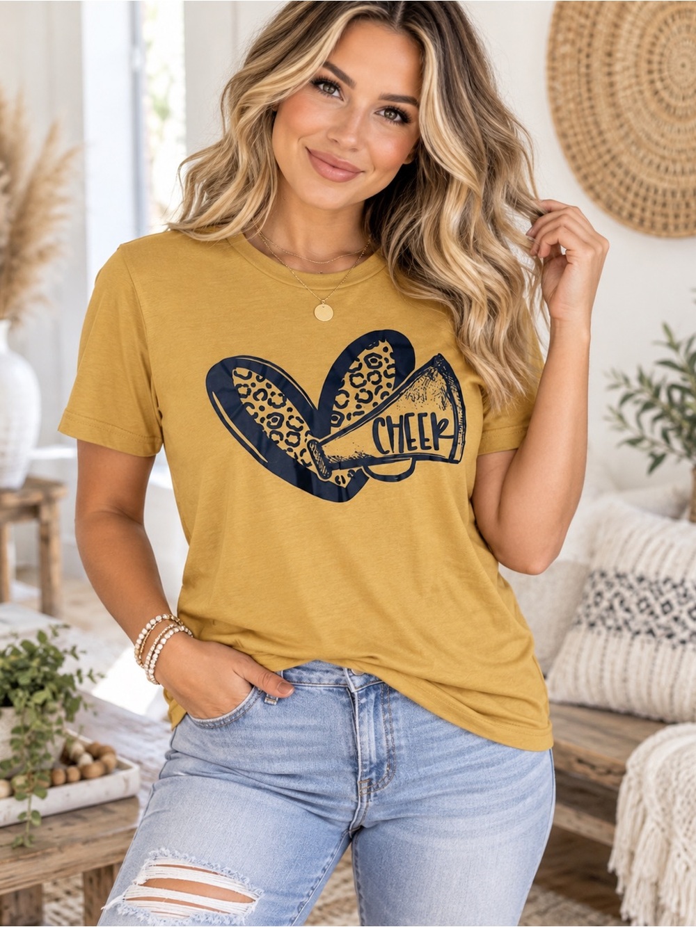 Cheer Megaphone Leopard Print Graphic Tee - Medium